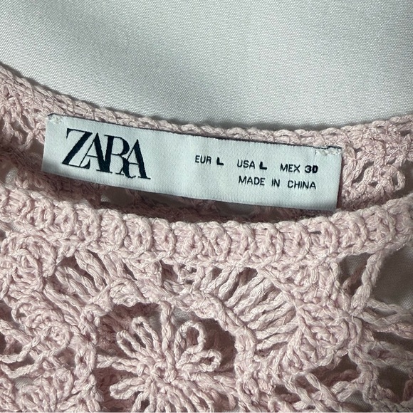 Zara Blush Pink Crochet Lace-Look Long Sleeve Crop Top, Size Large, NWOT. Boho - Picture 4 of 15